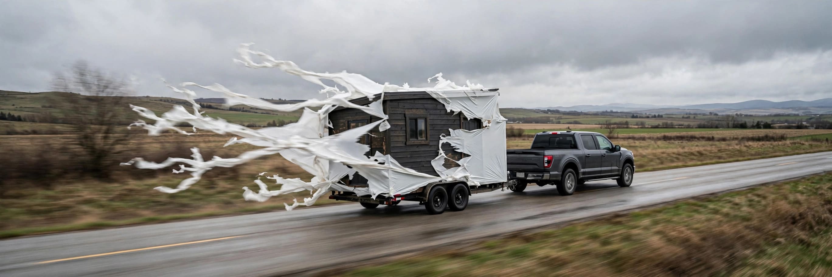 Tyvek vs. ZIP System: house wrap flapping and tearing on a tiny house under tow