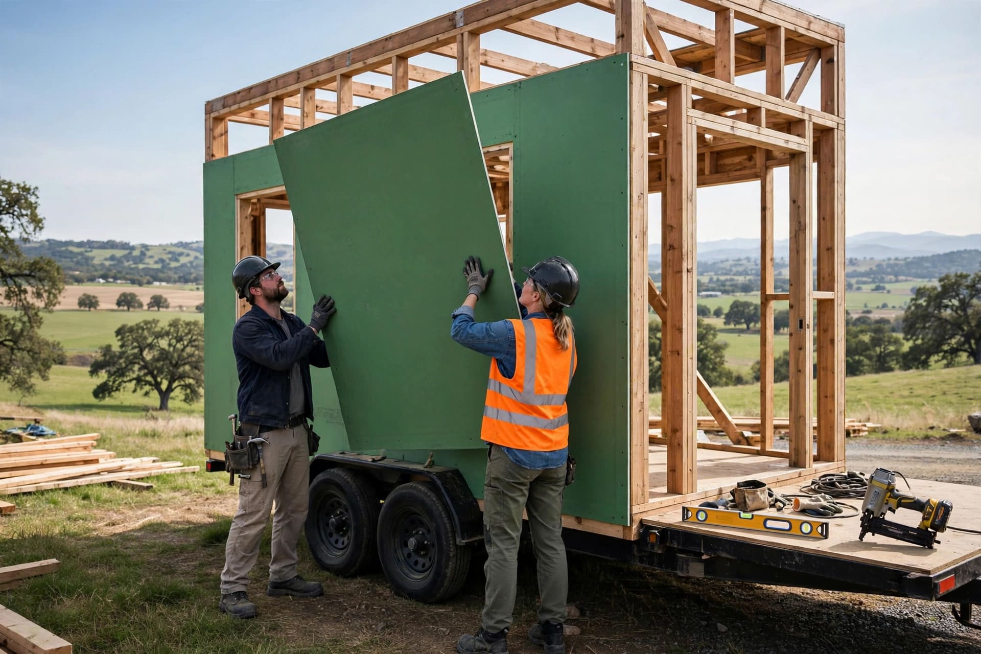Tyvek vs. ZIP System: lifting a green integrated sheathing panel onto a framed wall