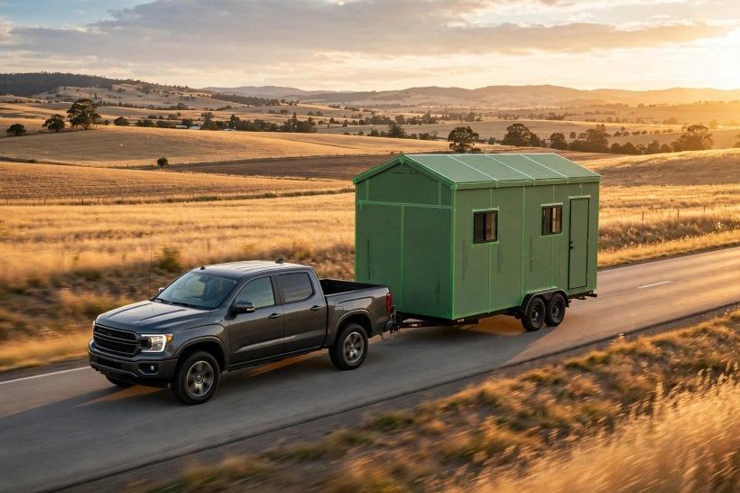 Tyvek vs. ZIP System: a green-sheathed tiny house towing cleanly down the highway