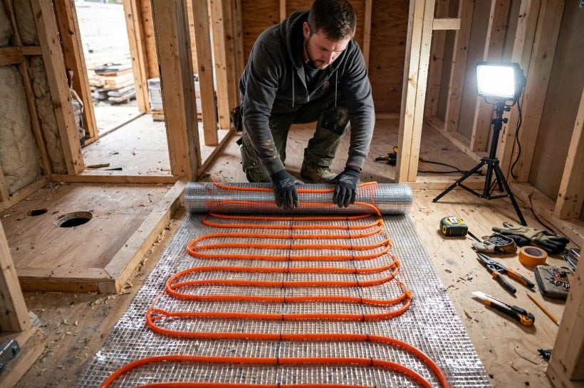 Underfloor Heating in Tiny Houses: an electric heating mat rolled out over a bathroom subfloor