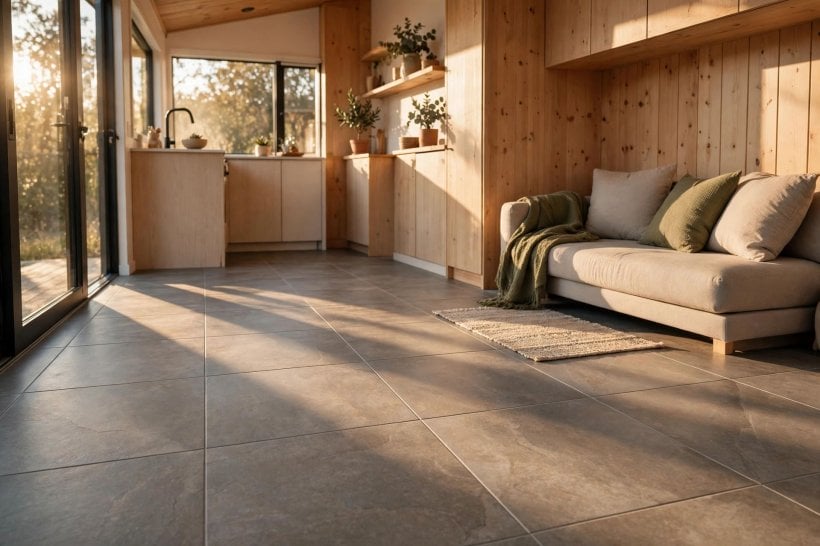 Underfloor Heating in Tiny Houses: large-format tile flooring laid over a radiant floor