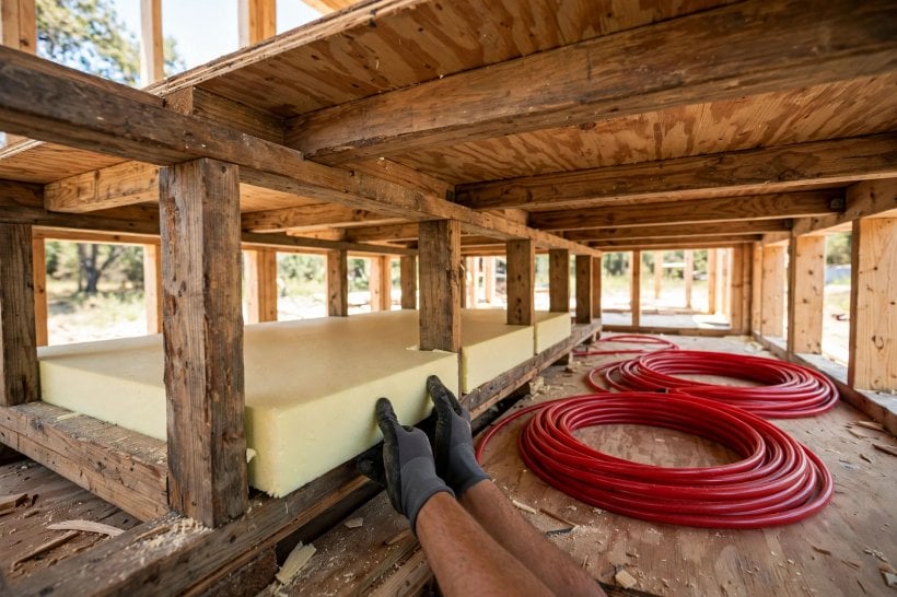 Underfloor Heating in Tiny Houses: rigid foam insulation fitted beneath a subfloor before the tubing goes down