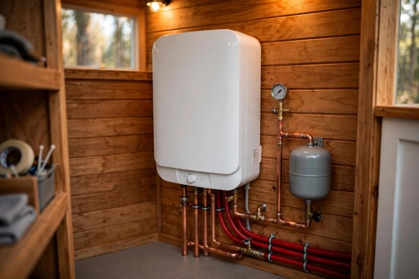 Underfloor Heating in Tiny Houses: a compact propane combi water heater mounted on a utility wall