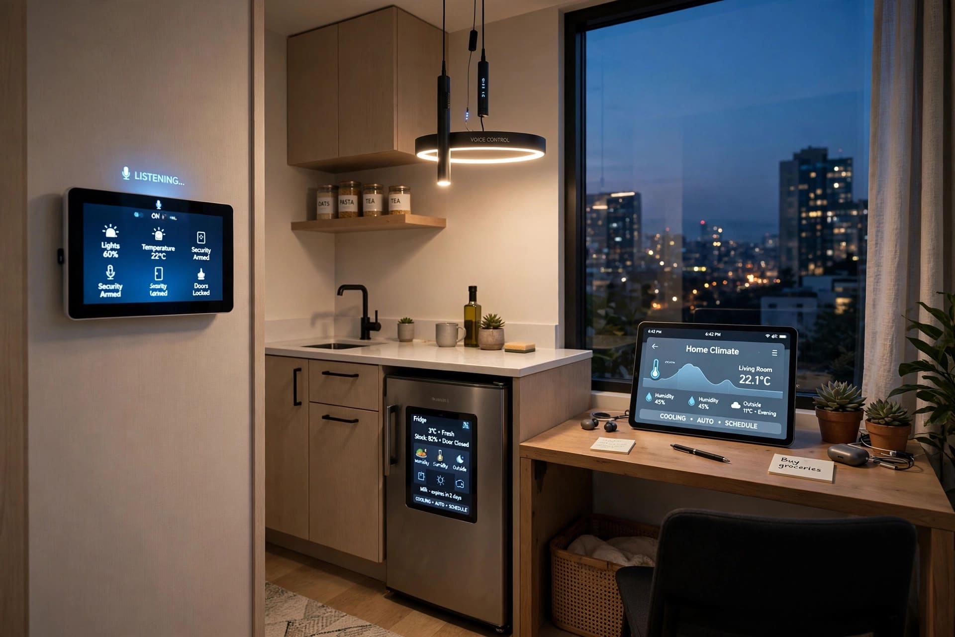urban tiny living solutions: a smart micro-apartment interior with app-controlled lighting and climate