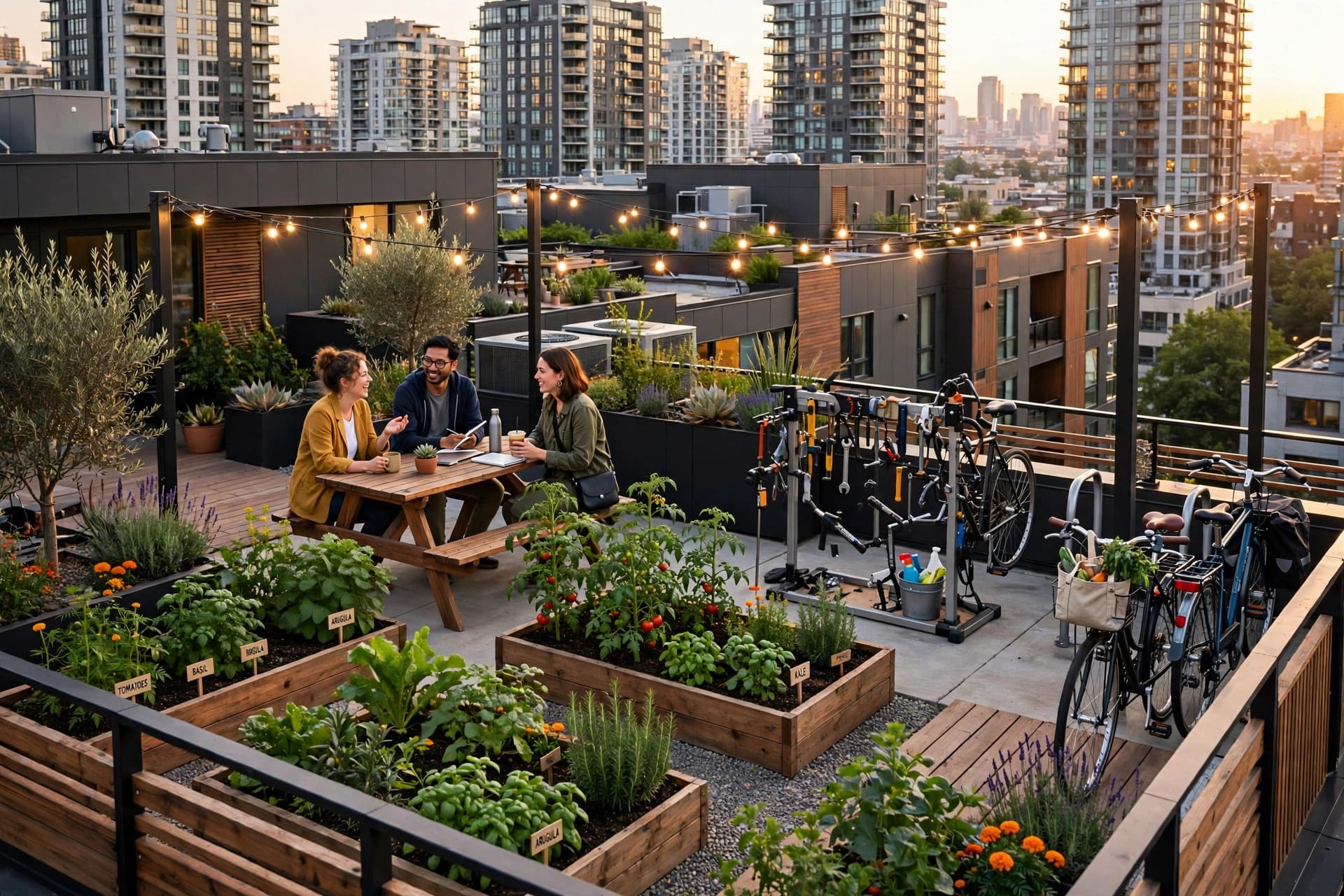 urban tiny living solutions: a rooftop garden and coworking terrace above a micro-apartment building