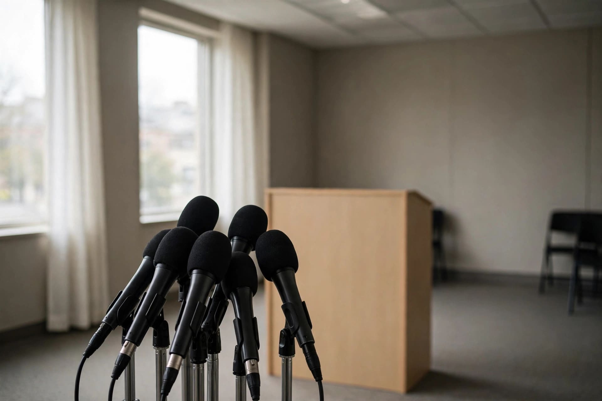 utility CEO responds to controversy over Eaton Fire: microphones waiting at a press podium
