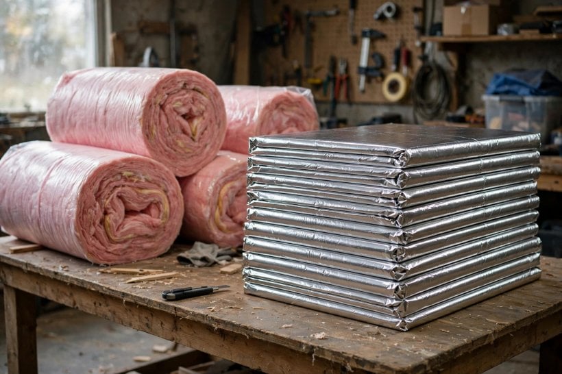 vacuum insulated panels: a stack of premium panels beside bulky fiberglass rolls