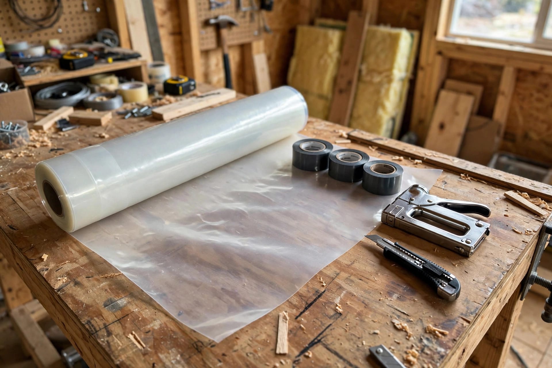 vapor barrier placement guide: membrane roll, seam tape and tools laid out ready