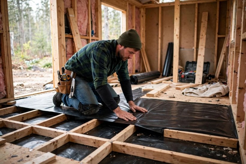 vapor barrier placement guide: membrane being laid over the floor structure