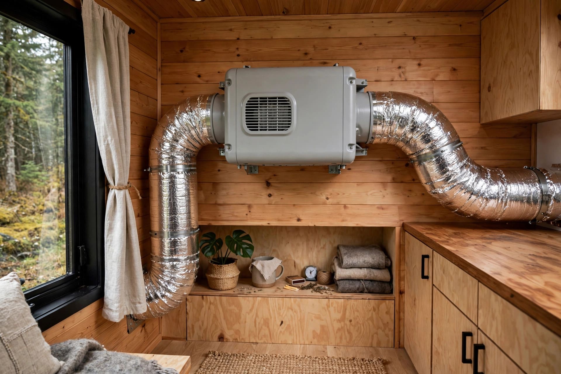 vapor barrier placement guide: heat recovery ventilation unit in a finished tiny house