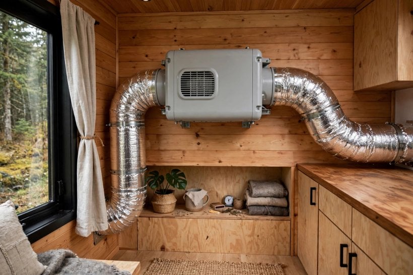 vapor barrier placement guide: heat recovery ventilation unit in a finished tiny house