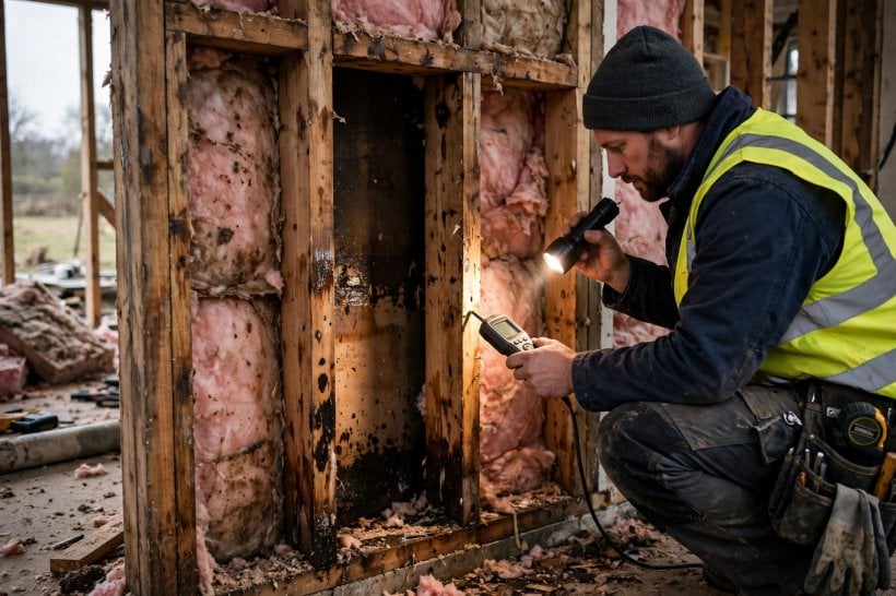 vapor barrier placement guide: inspecting a wall cavity with a moisture meter
