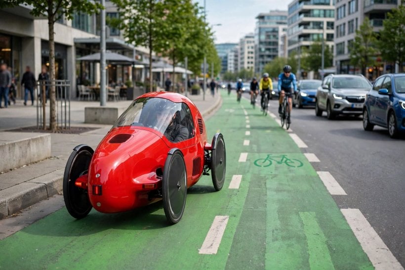 Velomobile Regulations: a velomobile riding as a bicycle in a city bike lane
