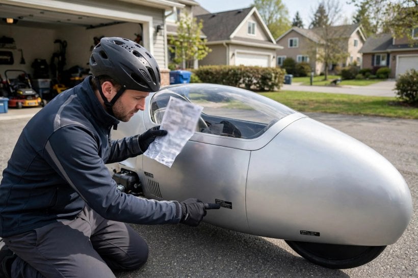 Velomobile Regulations: a rider checking the specification sheet that proves the class