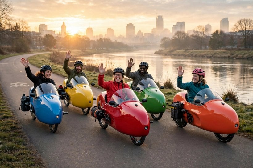 Velomobile Regulations: a group velomobile ride at dawn