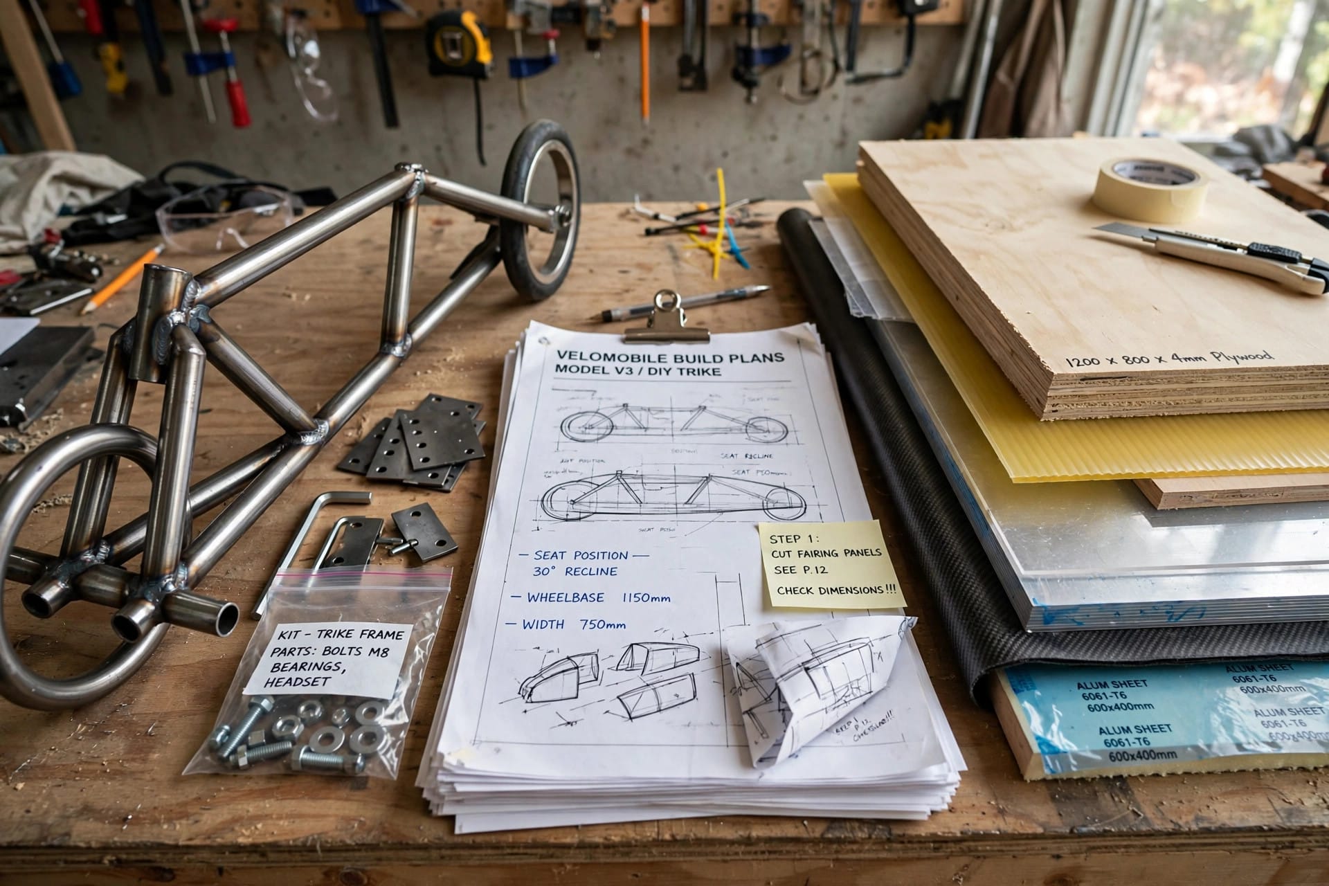 Velomobile DIY Kits: a frame kit, printed plans and raw materials — the three build paths side by side
