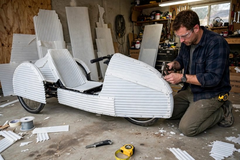 Velomobile DIY Kits: scoring and folding coroplast panels over a recumbent trike