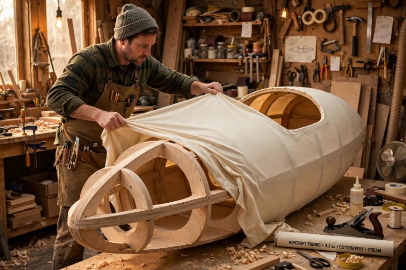 Velomobile DIY Kits: a spruce-and-plywood frame being skinned with aircraft fabric
