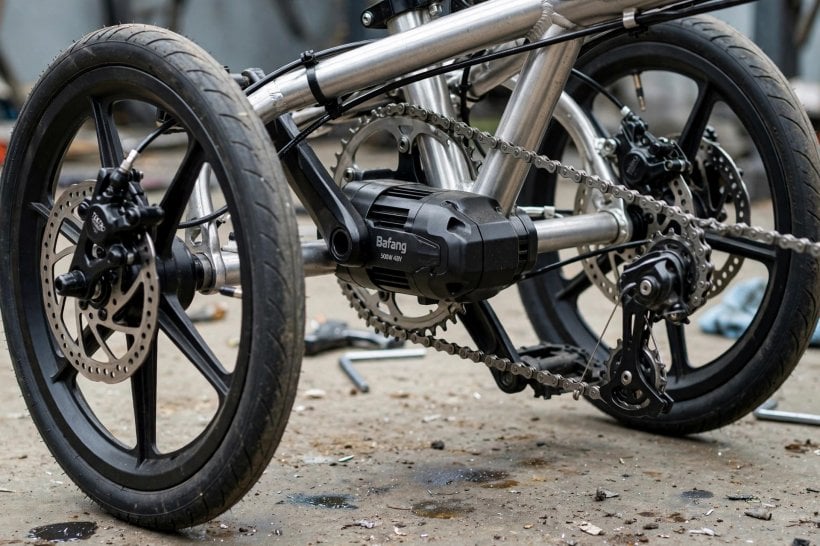 Velomobile DIY Kits: tadpole trike drivetrain with disc brakes and a mid-drive motor