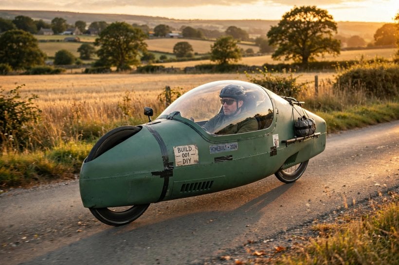 Velomobile DIY Kits: a finished garage-built velomobile on the road