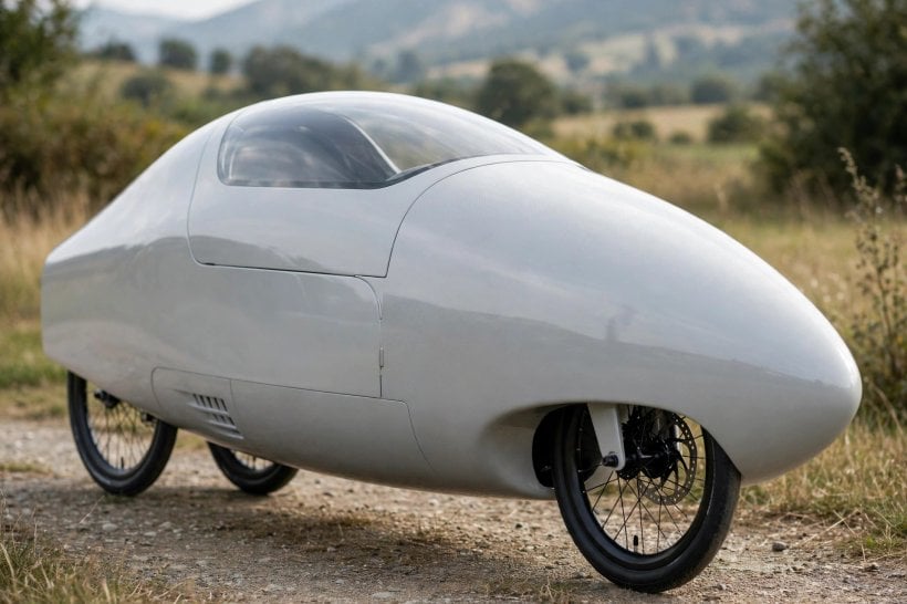 The Environmental Impact of Velomobiles: smooth white teardrop aerodynamic shell in side view outdoors