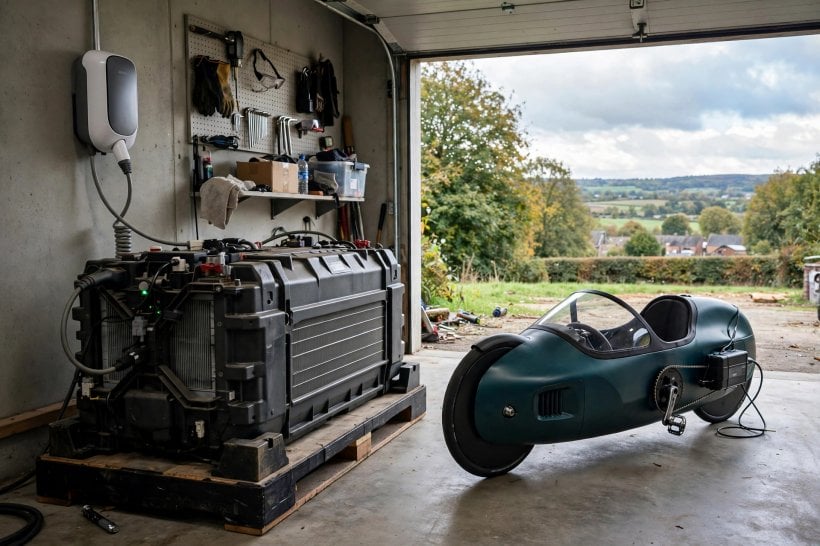 The Environmental Impact of Velomobiles: large electric car battery unit and wall charger in a garage beside a small green velomobile