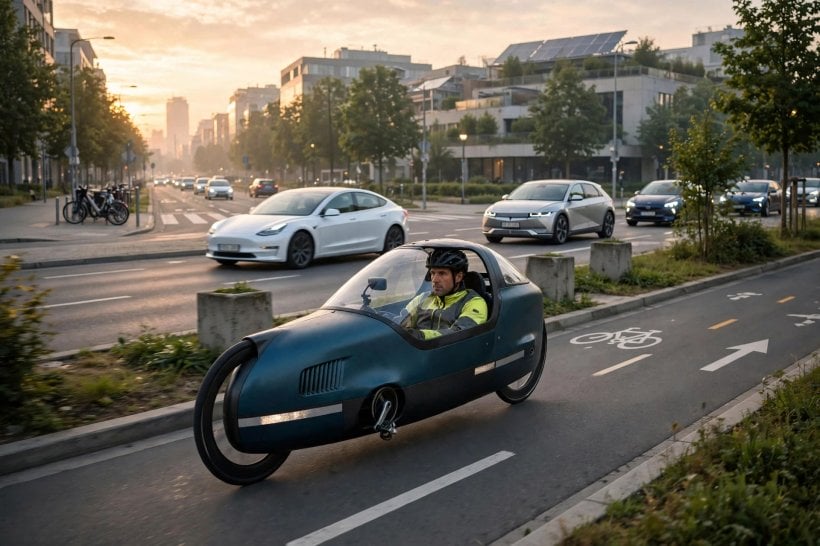 The Environmental Impact of Velomobiles: rider commuting in a city bike lane at sunrise with electric cars in traffic behind