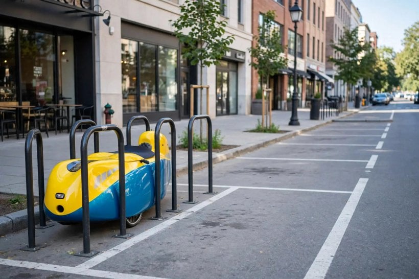 The Environmental Impact of Velomobiles: yellow and blue velomobile parked in a bicycle rack beside empty car parking bays