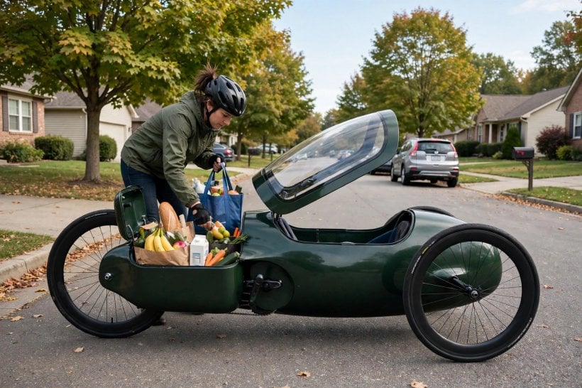 The Environmental Impact of Velomobiles: woman loading grocery bags into the rear storage of a green velomobile on a suburban street
