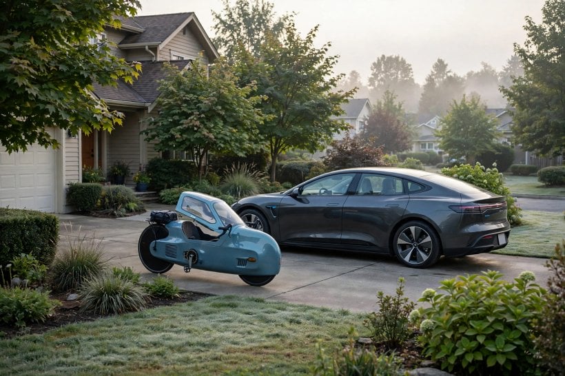 The Environmental Impact of Velomobiles: light blue velomobile and grey electric car side by side on a household driveway in early morning light