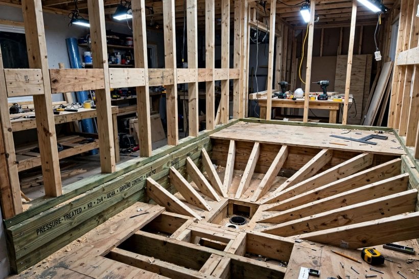 how to waterproof a tiny house bathroom: pressure-treated plates, fixture blocking and a subfloor framed to slope to the drain
