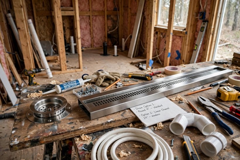how to waterproof a tiny house bathroom: a standard clamping-ring drain and a linear drain side by side