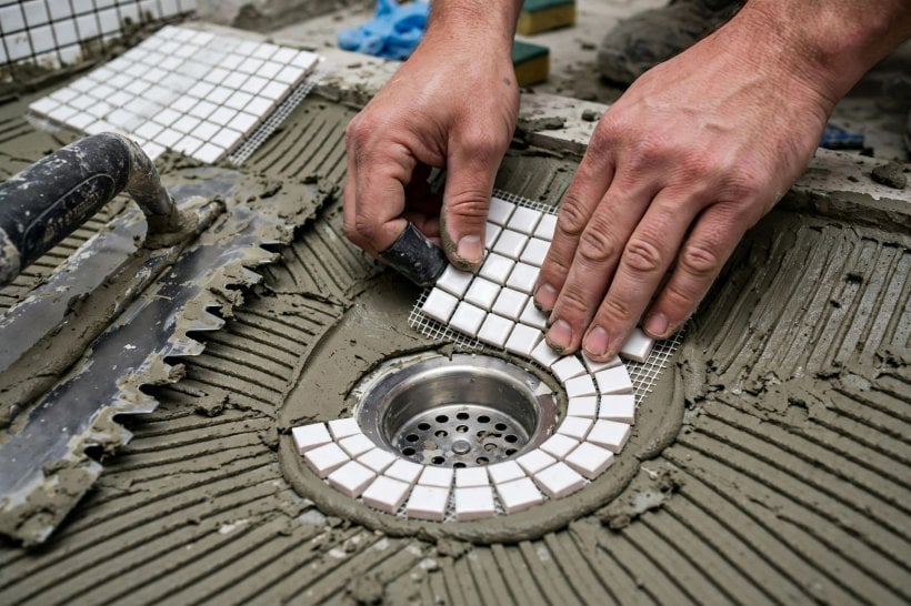 how to waterproof a tiny house bathroom: small porcelain mosaic tiles set in thinset on the sloped floor