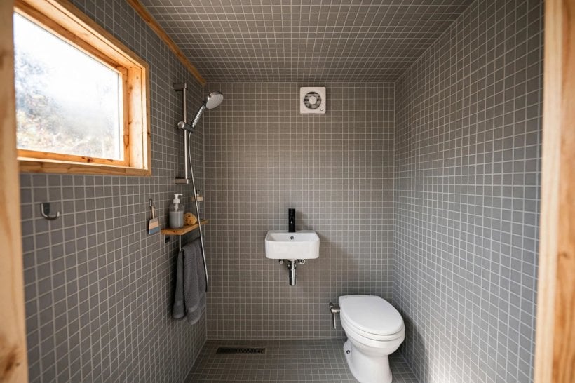 how to waterproof a tiny house bathroom: a tiled ceiling and marine-style fixtures inside the spray zone