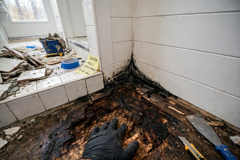 how to waterproof a tiny house bathroom: a rotted subfloor exposed after a slow leak — the failure waterproofing prevents