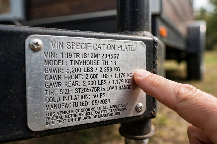 Weight Limits of Tiny Houses: the VIN plate on a tiny house trailer showing its GVWR