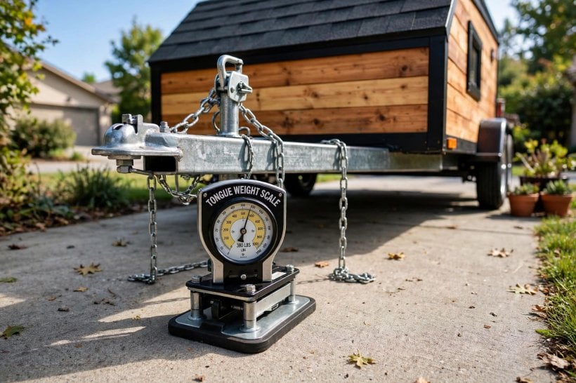 Weight Limits of Tiny Houses: a tongue weight scale measuring the downward force on a trailer hitch