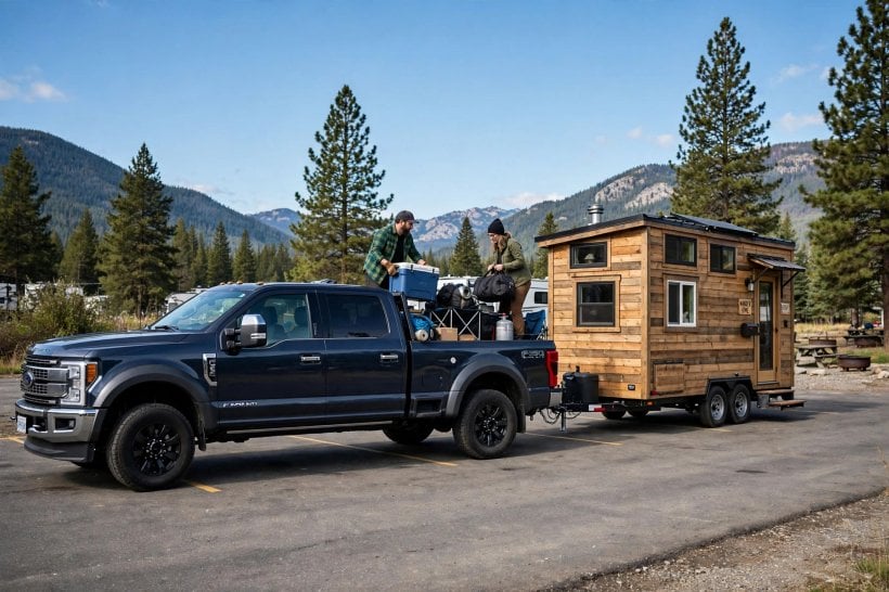 Weight Limits of Tiny Houses: a pickup truck hitched to a tiny house, its payload shared between tongue weight and passengers