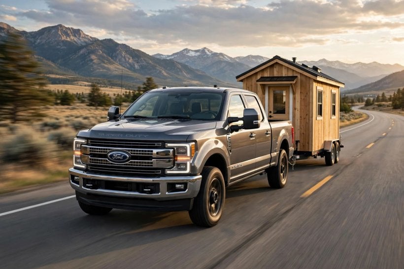 Weight Limits of Tiny Houses: a three-quarter-ton truck towing a tiny house at a comfortable margin under its rating