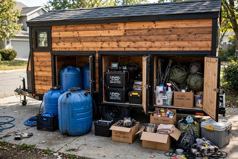 Weight Limits of Tiny Houses: water tanks and belongings being loaded into a tiny house before a tow