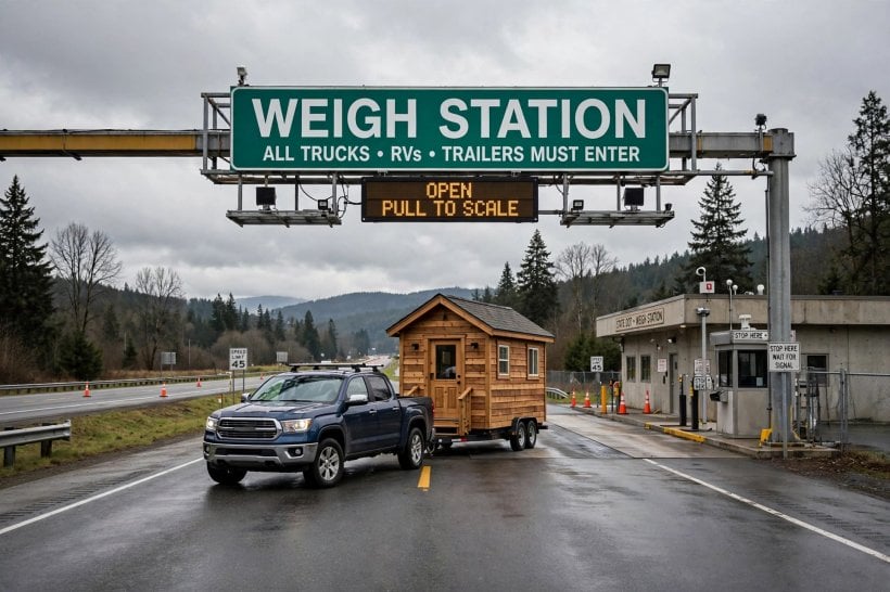 Weight Limits of Tiny Houses: a tiny house rig approaching a highway weigh station