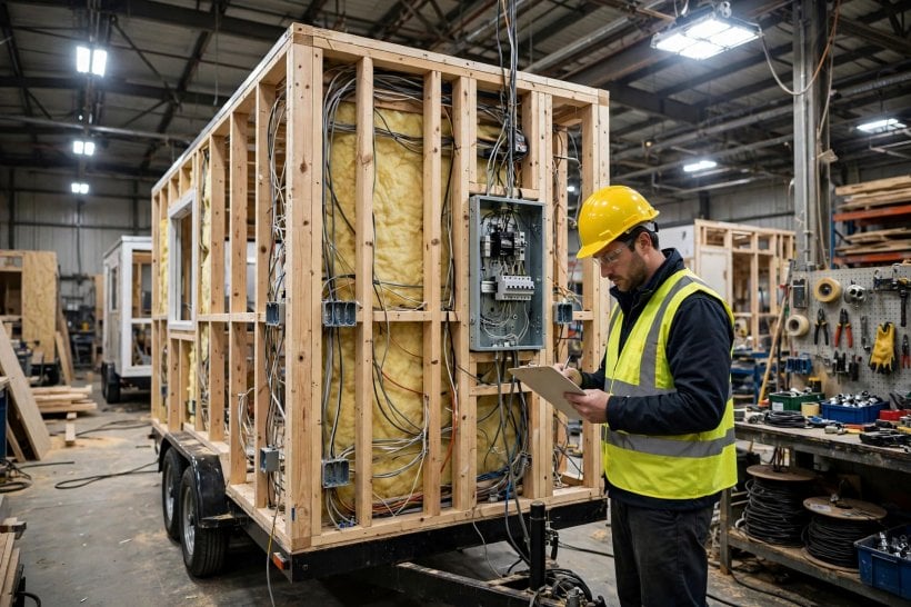 RVIA certification: third-party inspector examining a tiny house during construction at the factory