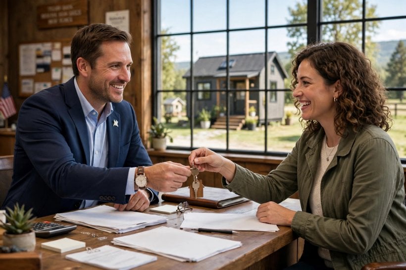 RVIA certification: loan officer handing over the keys after financing a certified tiny house