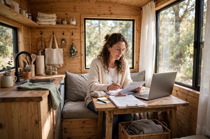 RVIA certification: owner reviewing insurance paperwork inside a tiny house on wheels