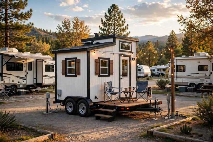RVIA certification: certified tiny house on wheels parked with full hookups at an RV park
