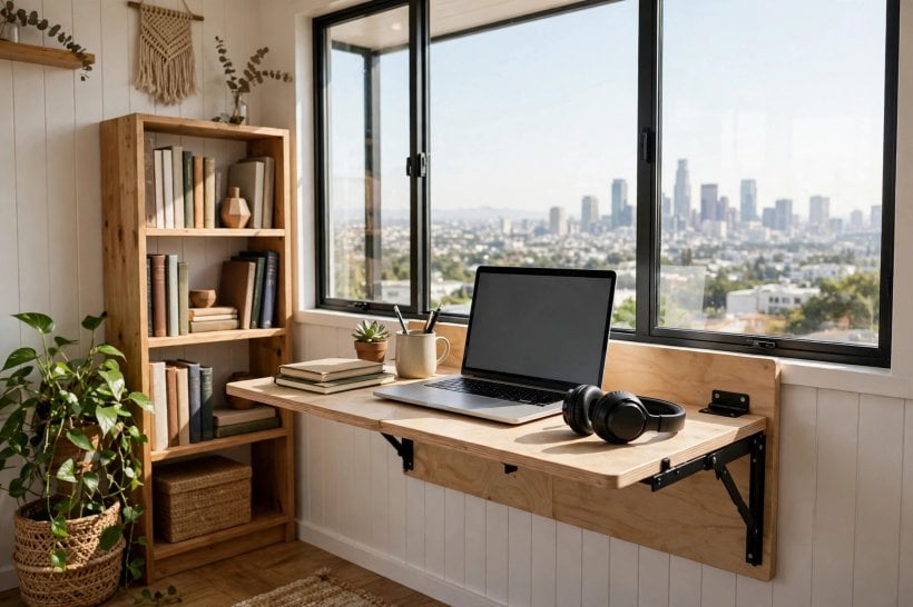 what state should I live in: a fold-down desk and a city skyline for work