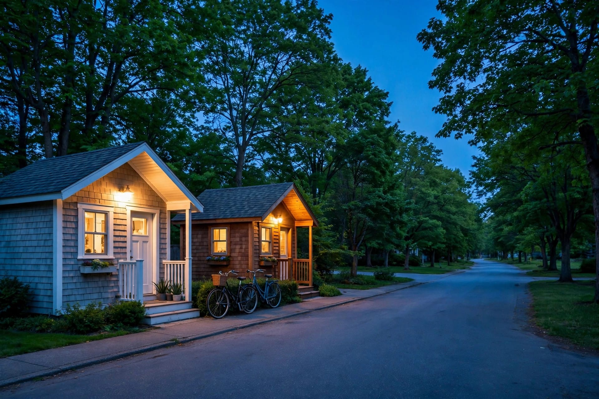 what state should I live in: a quiet, safe street of tiny homes at dusk