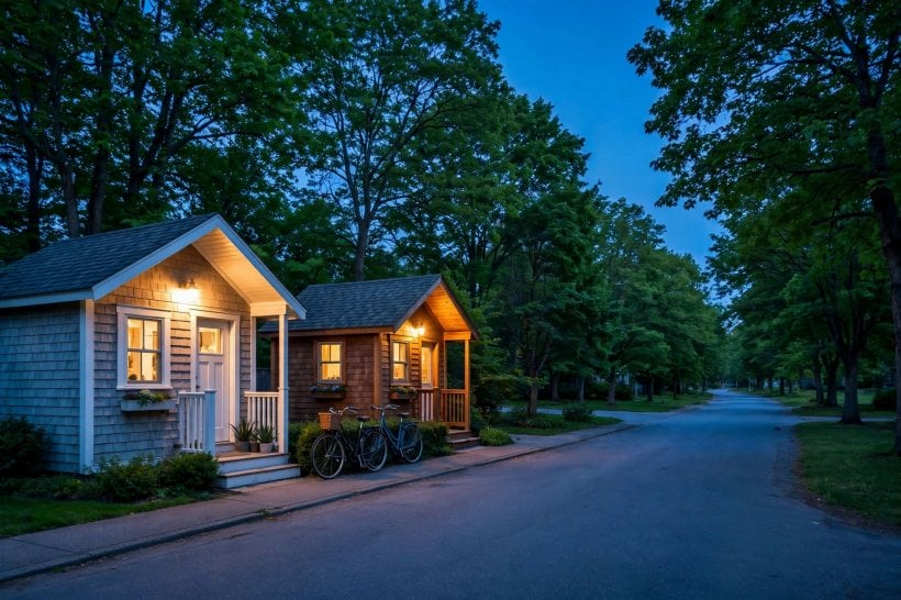 what state should I live in: a quiet, safe street of tiny homes at dusk