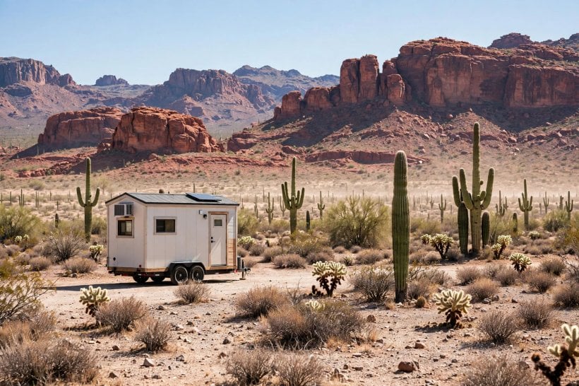 where should I live based on weather quiz: tiny house standing in hot desert heat under a clear sky