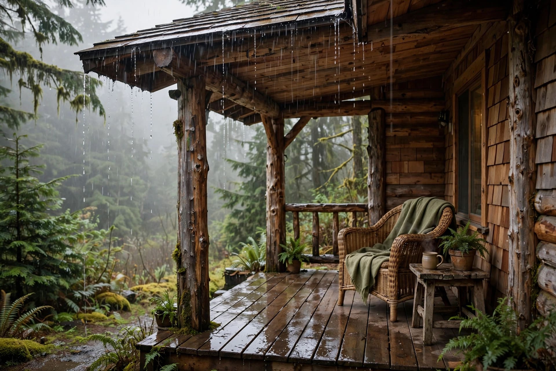 where should I live based on weather quiz: cedar cabin porch in gentle Pacific Northwest rain